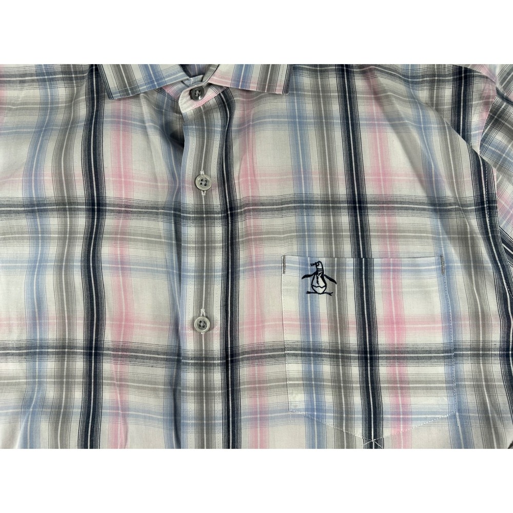 Original Penguin Mens Heritage Slim Fit Plaid Button Down Shirt Pink Blue XL